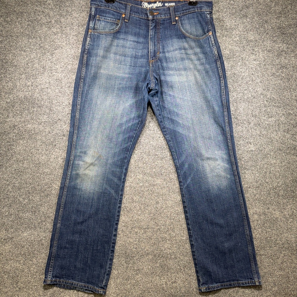 Wrangler Retro Relaxed Boot Jeans Mens 34x32 Blue Whiskers Western Cowboy Rodeo